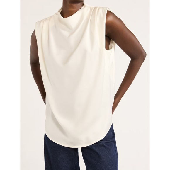 Scoop Tops - Scoop Womens Sleeveless Mock Neck Pleated Shoulder Blouse Whisper White Size XS